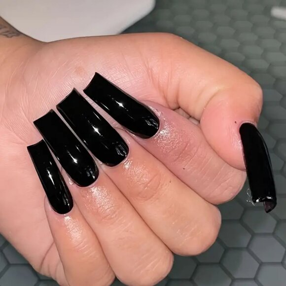 24Pcs Glossy Black Press On Nails Long Ballerina Fake Nails Minimalist Style - Picture 2 of 7